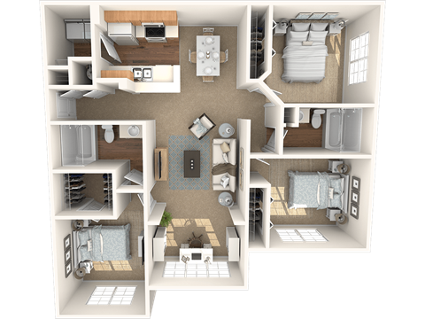 Floor plan for 3 beds, 2 baths, 1291 sqft